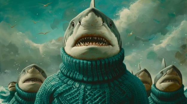 A painting of a group of sharks wearing sweaters