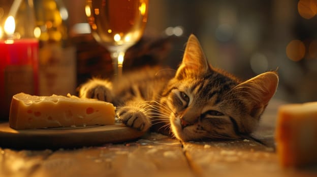 A cat laying on a table next to cheese and wine