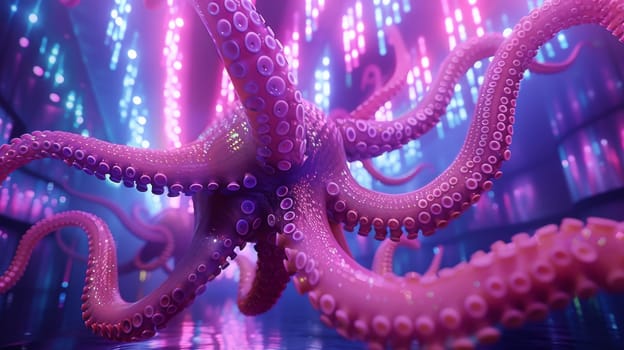 A large octopus is in a dark room with bright lights