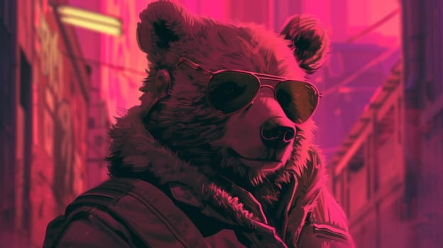 A bear wearing sunglasses and a jacket with the word "bear" on it