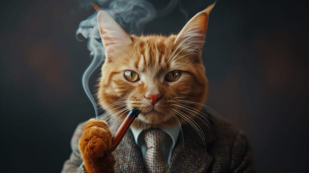 A cat in a suit smoking and holding a cigar