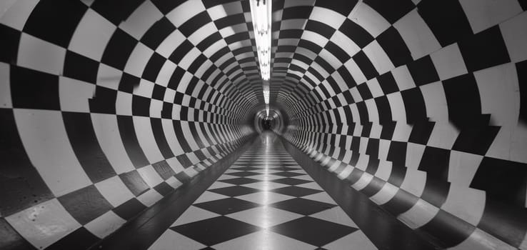 A black and white photo of a tunnel with checkered floor