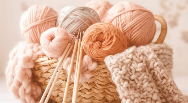 Colorful yarn balls and knitting needles in a basket, indicating a cozy crafting theme. High quality photo