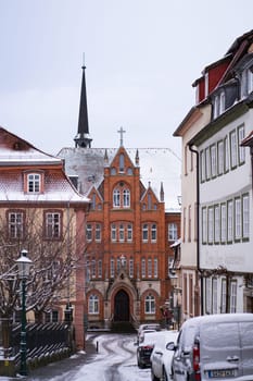 winter old city building hotel in Fulda Hessen Germany at 25 December 2021 the first Christmas day just after corona pandemic time. High quality photo