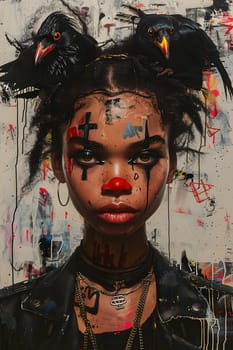 A painting of a woman with black hair, red lipstick, and a cross on her face. She has bold eyelashes and a red nose, a unique creation in fashion design and visual arts