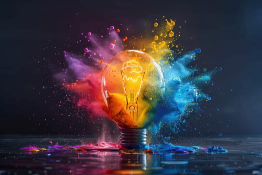 Creative light bulb explodes with colorful paint and colors new idea concept. Generative AI.