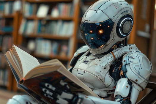 AI learning concept, robot reading book in library background. Generative AI.