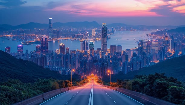 The perspective of the road against the background of sunset and the cityscape. High quality photo