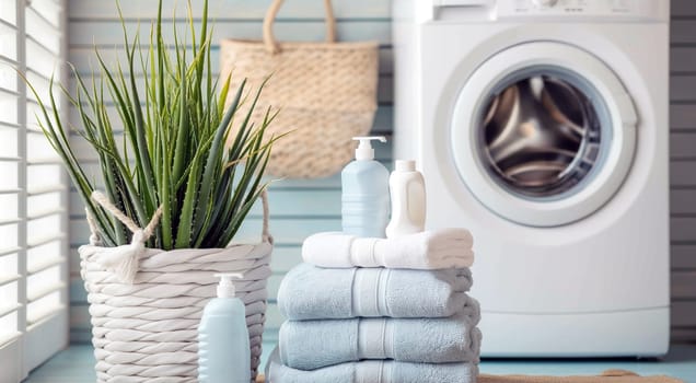 Laundry room with stacked towels, detergent, and a washing machine. High quality photo