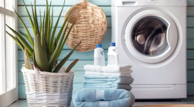 Laundry room with stacked towels, detergent, and a washing machine. High quality photo