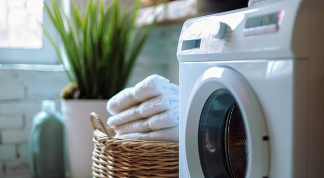 Cozy laundry room with fresh towels in basket, houseplant, and modern washing machine. High quality photo