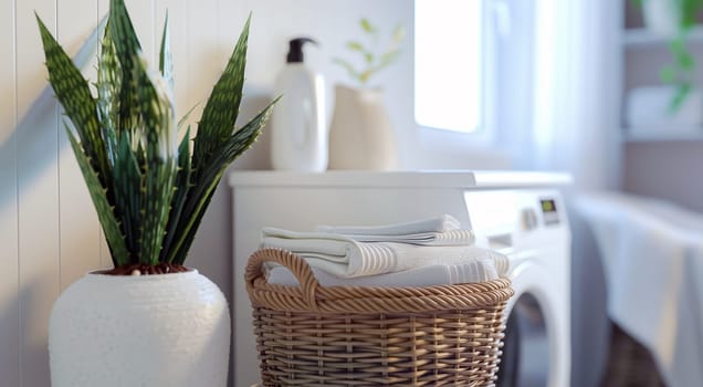 Cozy laundry room with fresh towels in basket, houseplant, and modern washing machine. High quality photo
