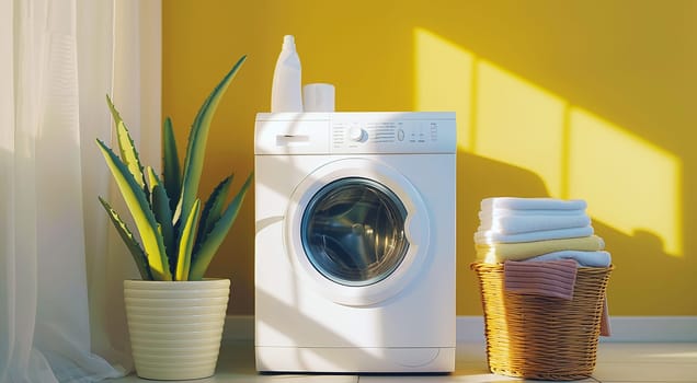 A washing machine, laundry basket, and a plant in a sunny room. High quality photo