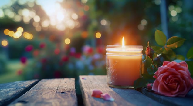 A lit candle and pink rose on a wooden surface with soft evening light and bokeh background. High quality photo