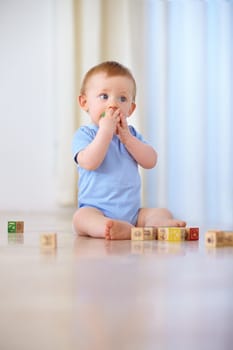 Baby, wooden blocks and playing with toys for early childhood development or youth at home. Little boy, cute toddler or child on floor with shape or cube for building, learning or skills at the house.