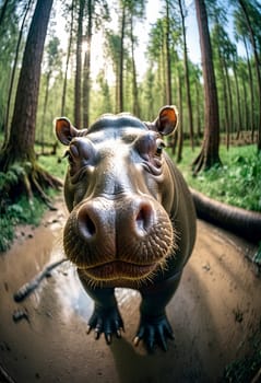 Close-up Animal in forest take selfie. interaction between wildlife and modern photography trends