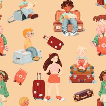 Seamless pattern of girl with luggage, a dark-skinned smiling girl, boy sits in open empty brown retro suitcase. Surprised looks at the todolist. travel concept. watercolor illustration of a teenager.