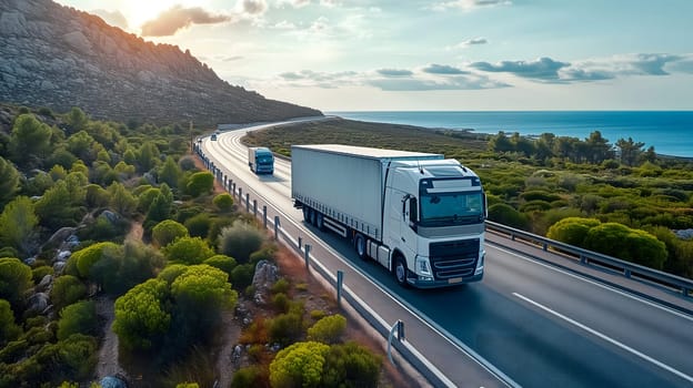 White European semitruck is seen from the sky on a highway backed by vegetation. Neural network generated image. Not based on any actual scene or pattern.