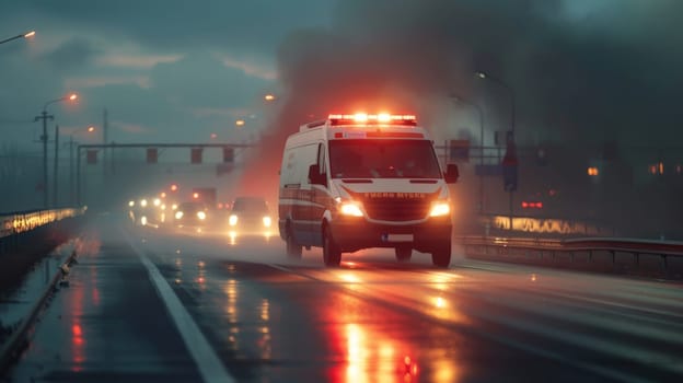 Ambulance with lights on driving down road, Snapshot of speeding ambulance on job.