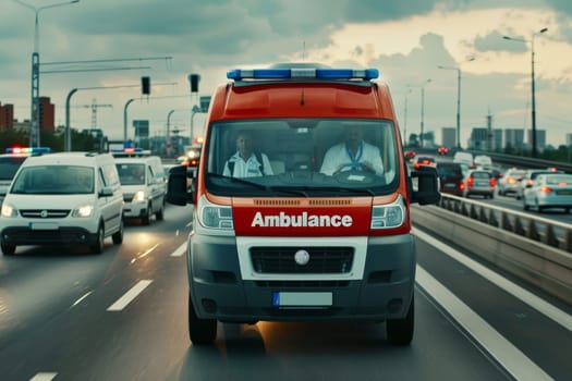 Ambulance with lights on driving down road, Snapshot of speeding ambulance on job.