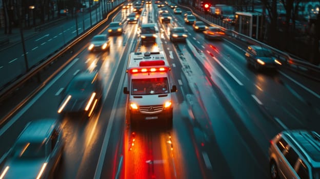 Ambulance with lights on driving down road, Snapshot of speeding ambulance on job.