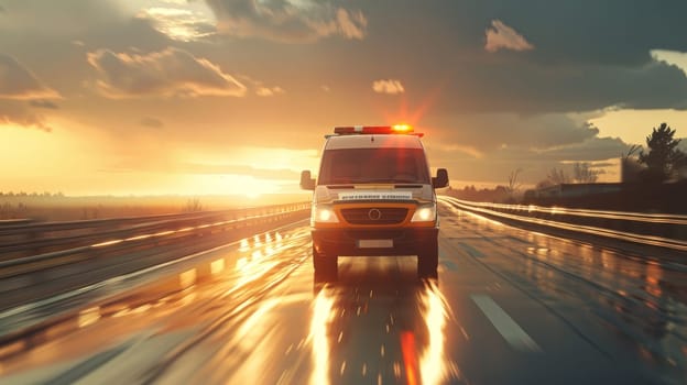 Ambulance with lights on driving down road, Snapshot of speeding ambulance on job.