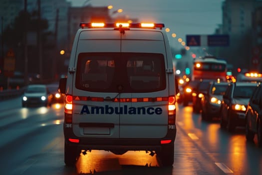Ambulance with lights on driving down road, Snapshot of speeding ambulance on job.