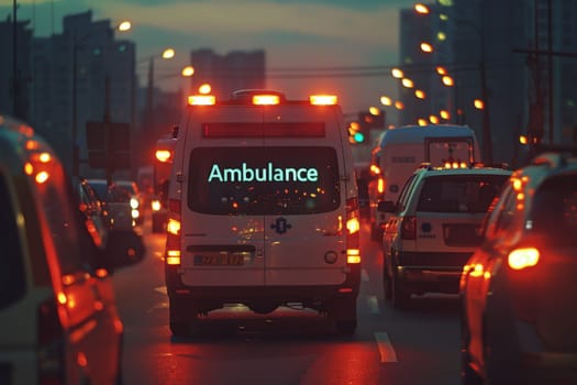 Ambulance with lights on driving down road, Snapshot of speeding ambulance on job.