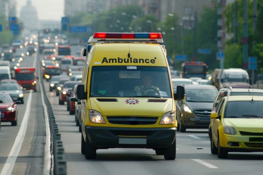 Ambulance with lights on driving down road, Snapshot of speeding ambulance on job.