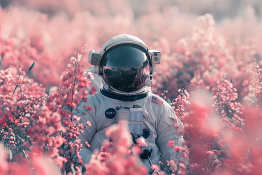 poster art an astronaut walking through a field full of pink flowers, backgrounds or wallpaper.