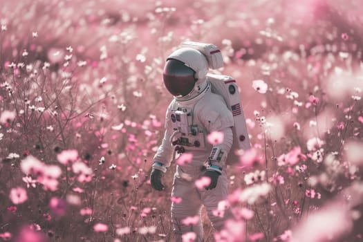 poster art an astronaut walking through a field full of pink flowers, backgrounds or wallpaper.