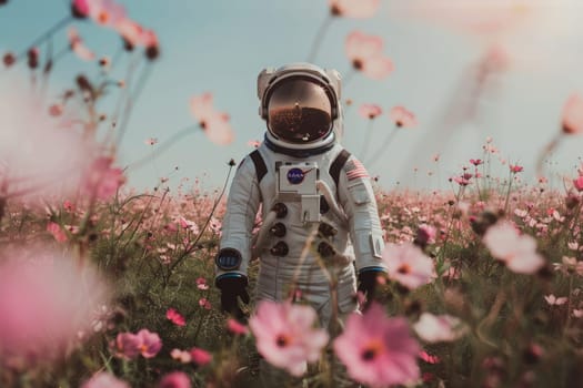 poster art an astronaut walking through a field full of pink flowers, backgrounds or wallpaper.