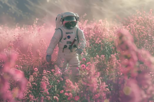 poster art an astronaut walking through a field full of pink flowers, backgrounds or wallpaper.