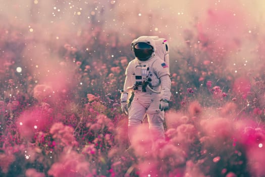 poster art an astronaut walking through a field full of pink flowers, backgrounds or wallpaper.