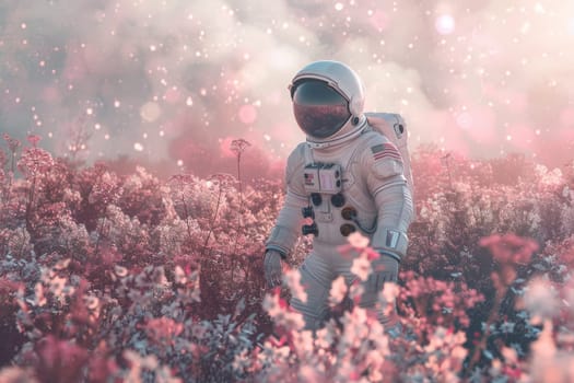 poster art an astronaut walking through a field full of pink flowers, backgrounds or wallpaper.