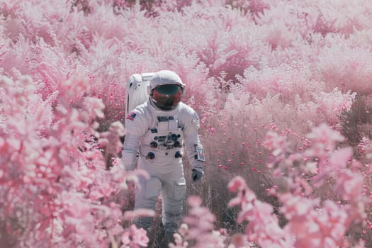 poster art an astronaut walking through a field full of pink flowers, backgrounds or wallpaper.