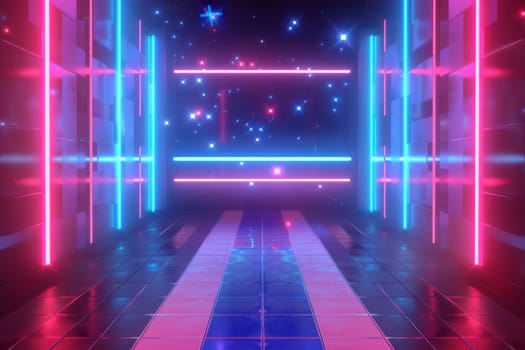 Empty futuristic show scene background with neon lights in the dark.