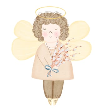 Angel with a bouquet of willow branches and a blue ribbon. Watercolor cute drawing isolated on white background. Clip art for cards and invitations for baby's baptism, birth and Easter. Cartoon children's illustration. High quality illustration