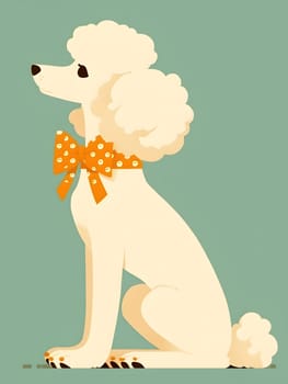 A happy white poodle, a companion dog, wearing an orange bow tie, sits gracefully. The scene resembles a cartoon or painting with a fawn aesthetic