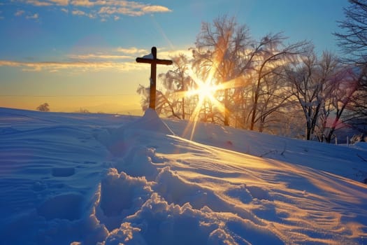 Wooden cross stands in the desert, rays of sunlight. Generative AI.