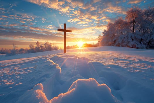 Wooden cross stands in the desert, rays of sunlight. Generative AI.