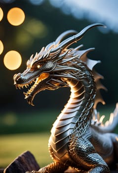 Dragon sculpture from bent wire with sunset backdrop, intricate craftsmanship highlighted