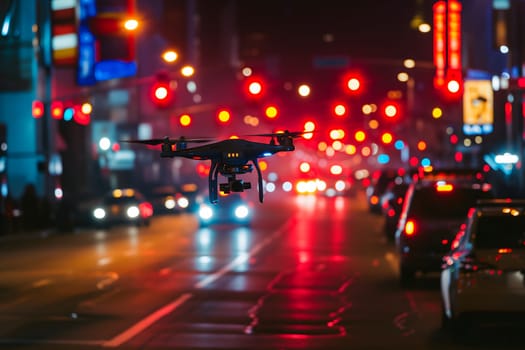 Copter drone flying low at night downtown city street. Neural network generated image. Not based on any actual scene or pattern.