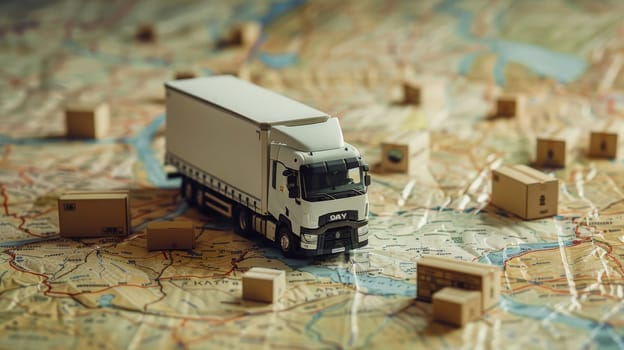 A paper map white white truck, Delivery truck or Transportation Truck, Transportation concept.