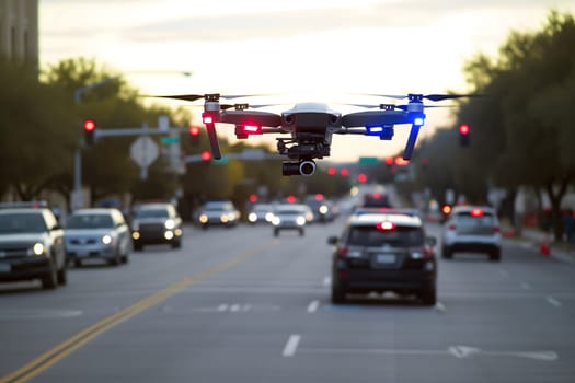 Copter drone flying low at downtown city street. Neural network generated image. Not based on any actual scene or pattern.