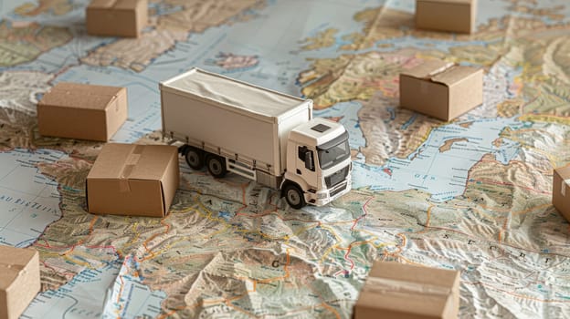A paper map white white truck, Delivery truck or Transportation Truck, Transportation concept.
