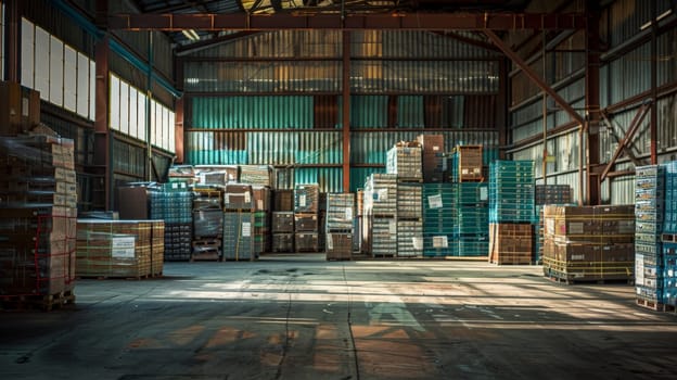 Photo of Warehouse Interior, Inventory Stacks, Industrial Environment.