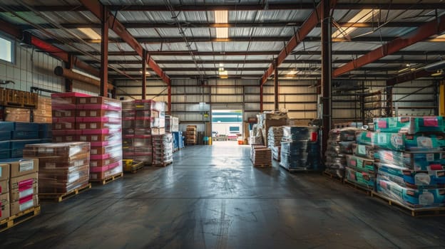 Photo of Warehouse Interior, Inventory Stacks, Industrial Environment.