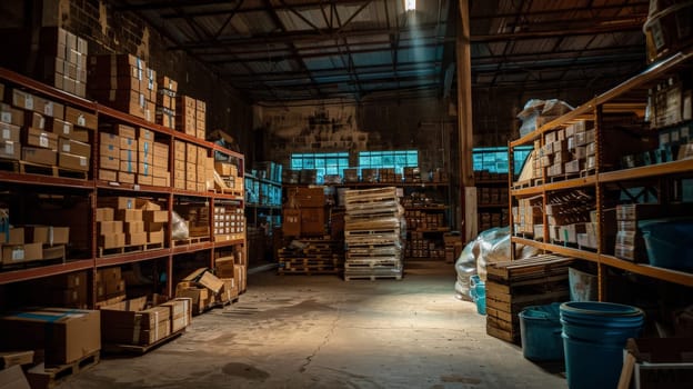 Photo of Warehouse Interior, Inventory Stacks, Industrial Environment.