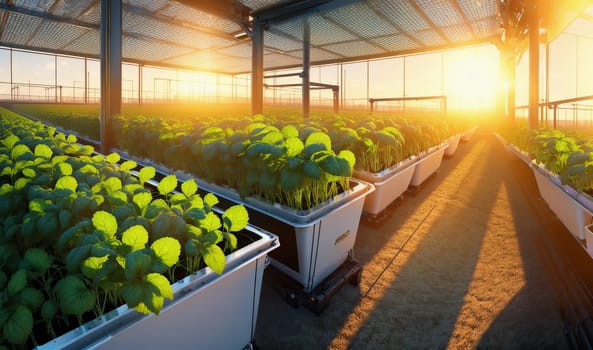 The sunlight filters through the greenhouse windows, illuminating the potted plants inside. A colorful array of houseplants, flowers, and grass thrive in the warm environment